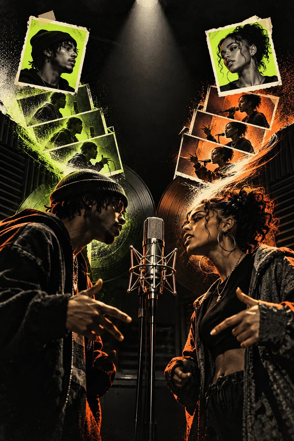 AI rap video concept poster showing two performers at a microphone as portrait frames transition into performance scenes
